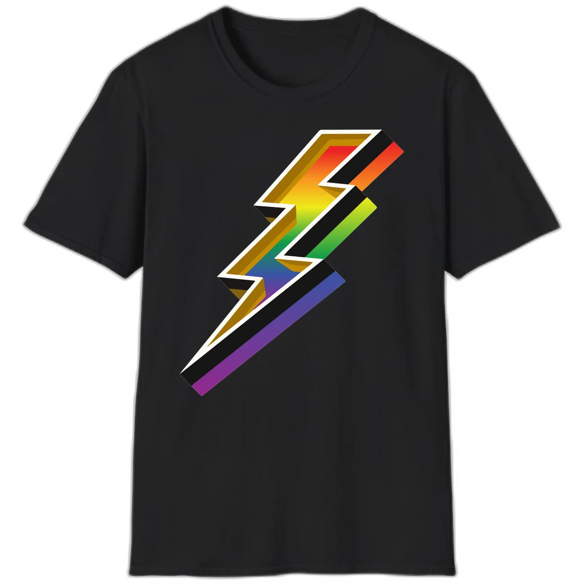 3D rainbow lightning bolt with layered depth effect featuring red, orange, yellow, green, blue, and purple gradient colors with white outlines and black shadows in Black