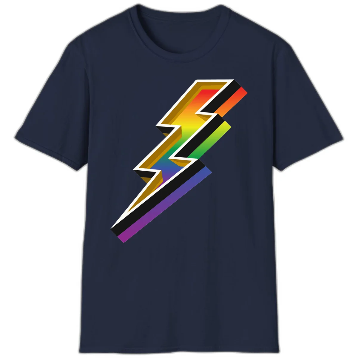 3D rainbow lightning bolt with layered depth effect featuring red, orange, yellow, green, blue, and purple gradient colors with white outlines and black shadows in Navy