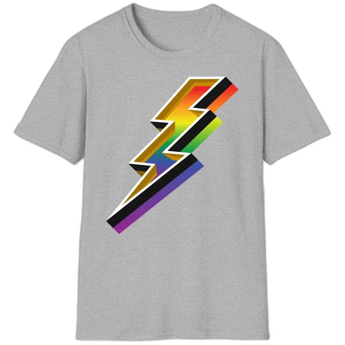 3D rainbow lightning bolt with layered depth effect featuring red, orange, yellow, green, blue, and purple gradient colors with white outlines and black shadows in Sport Grey