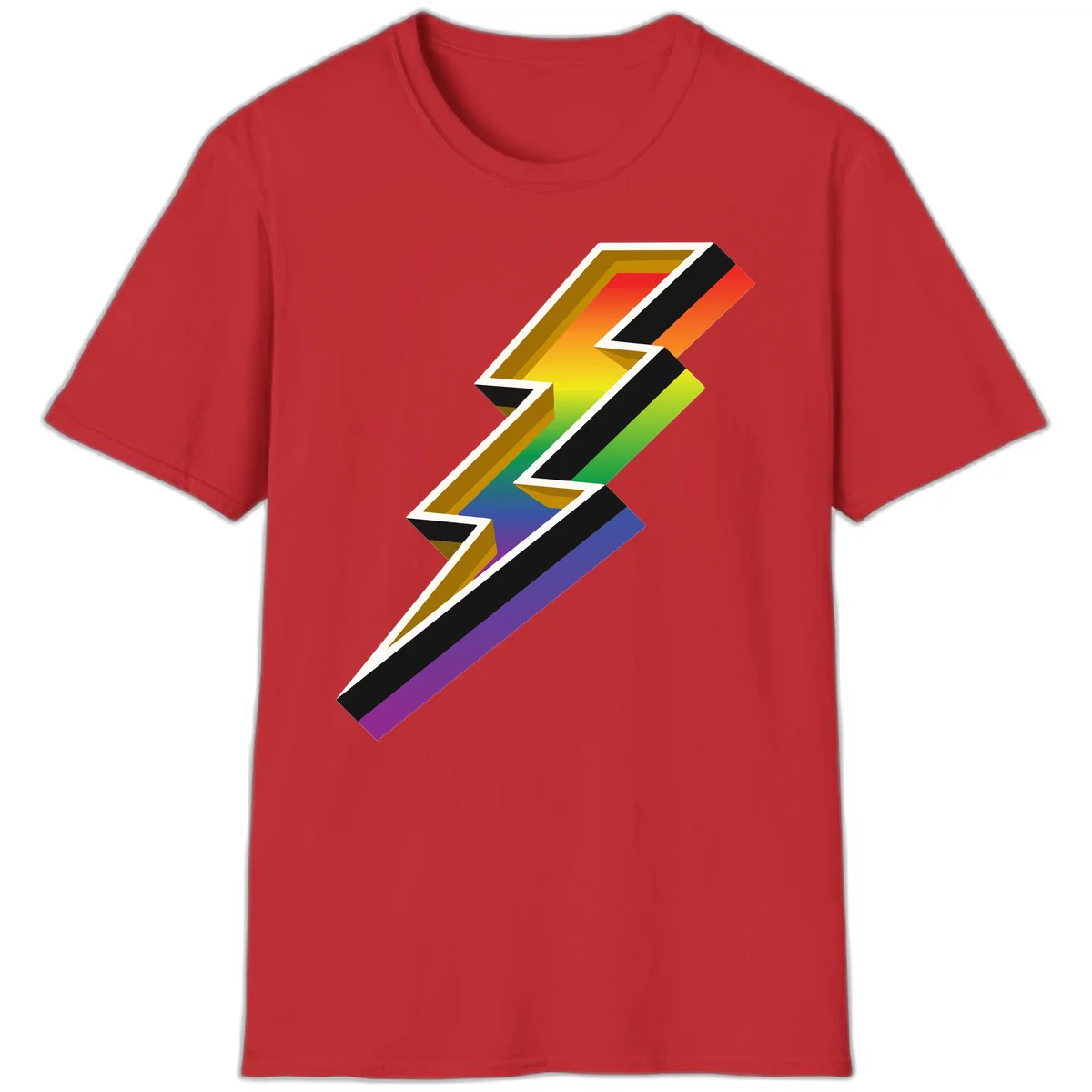 3D rainbow lightning bolt with layered depth effect featuring red, orange, yellow, green, blue, and purple gradient colors with white outlines and black shadows in Red