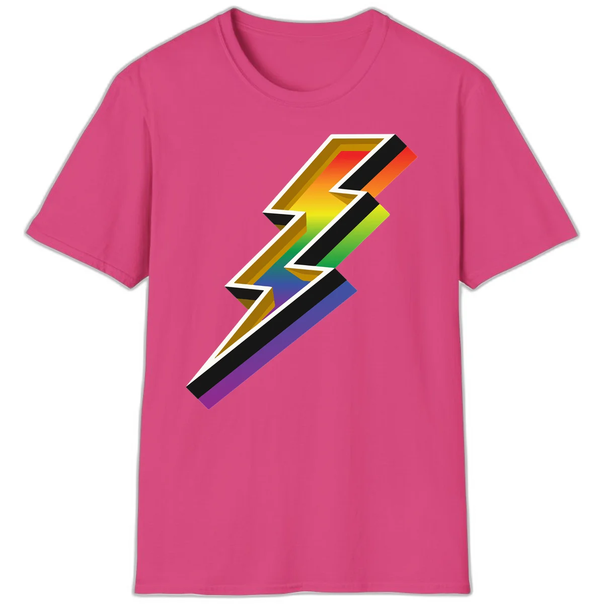 3D rainbow lightning bolt with layered depth effect featuring red, orange, yellow, green, blue, and purple gradient colors with white outlines and black shadows in Heliconia