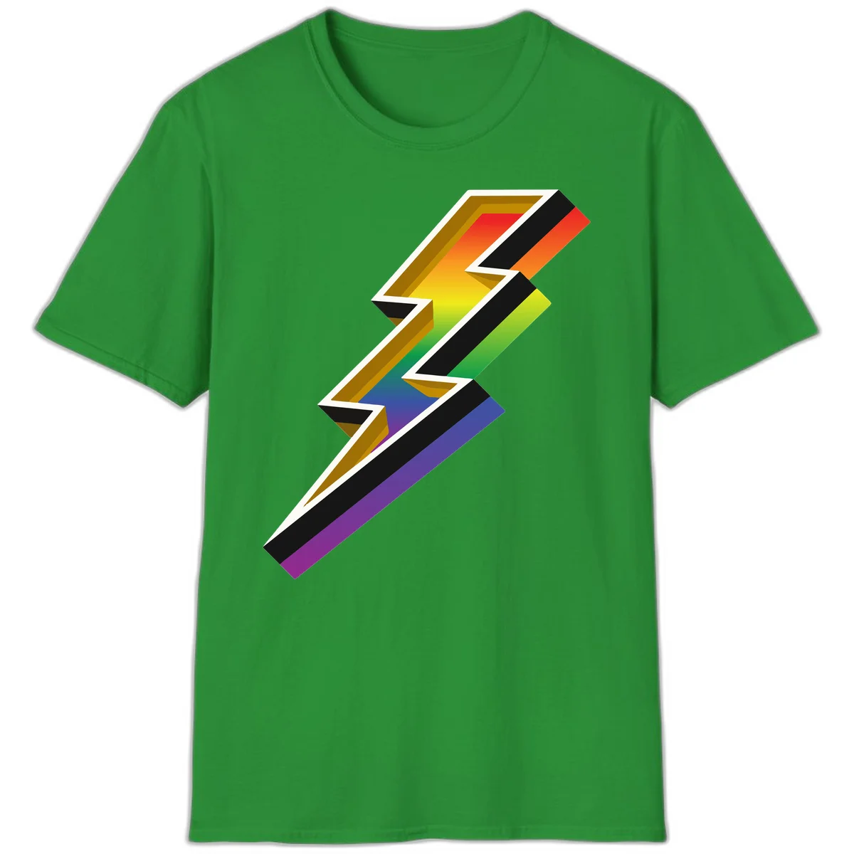 3D rainbow lightning bolt with layered depth effect featuring red, orange, yellow, green, blue, and purple gradient colors with white outlines and black shadows in Irish Green