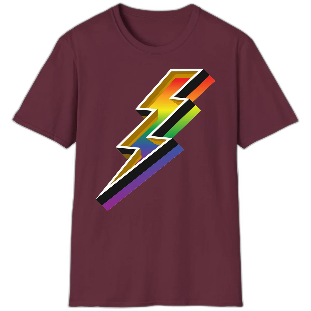 3D rainbow lightning bolt with layered depth effect featuring red, orange, yellow, green, blue, and purple gradient colors with white outlines and black shadows in Maroon