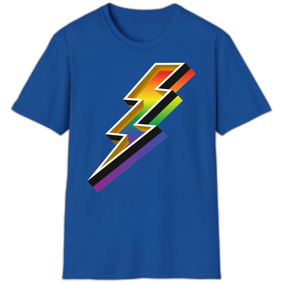 3D rainbow lightning bolt with layered depth effect featuring red, orange, yellow, green, blue, and purple gradient colors with white outlines and black shadows in Royal