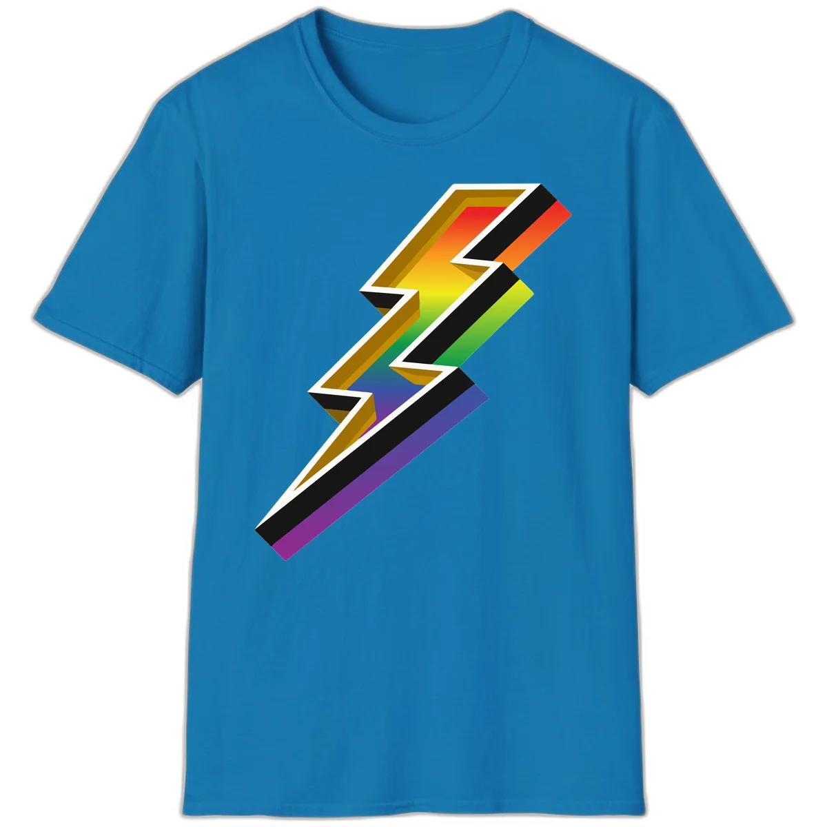 3D rainbow lightning bolt with layered depth effect featuring red, orange, yellow, green, blue, and purple gradient colors with white outlines and black shadows in Sapphire