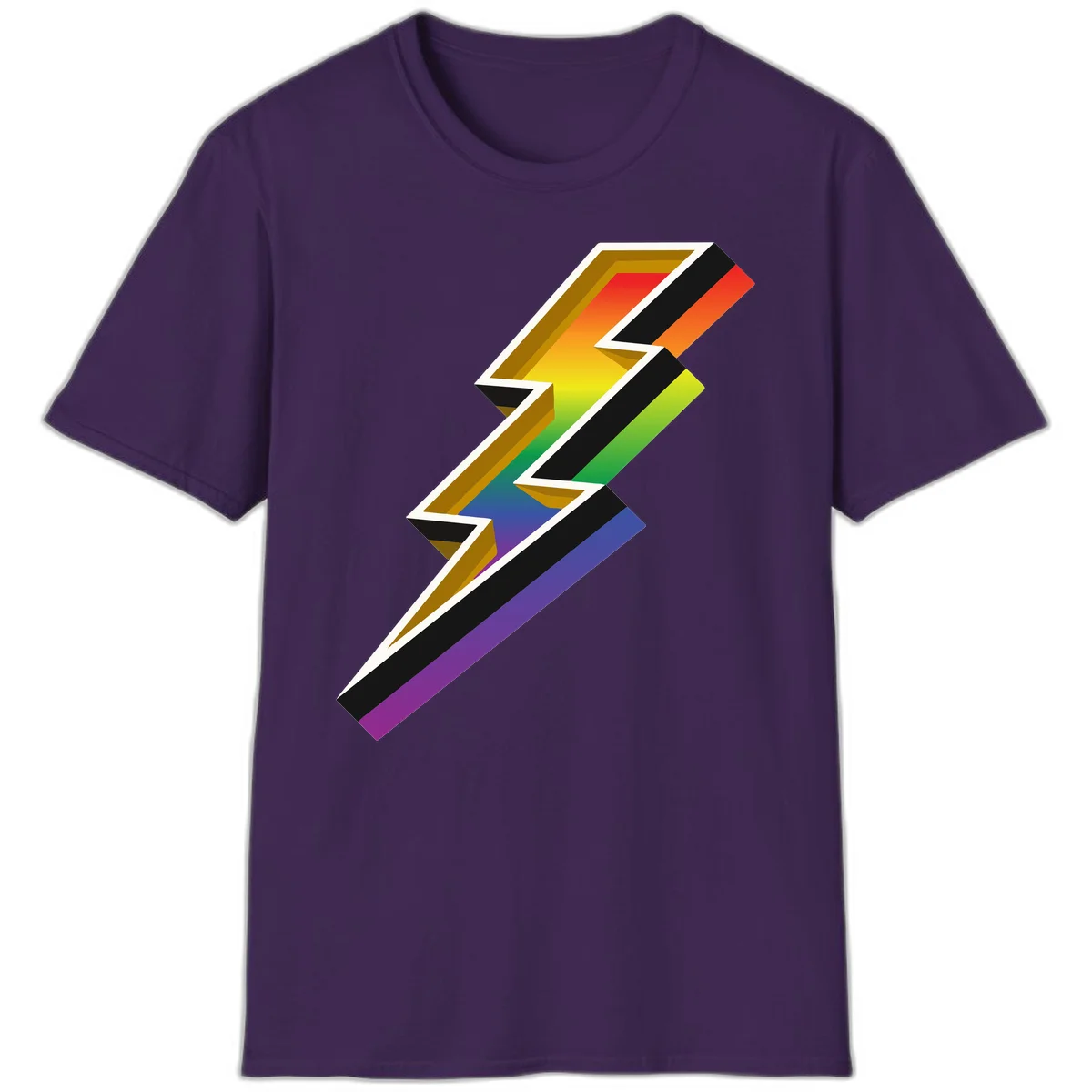 3D rainbow lightning bolt with layered depth effect featuring red, orange, yellow, green, blue, and purple gradient colors with white outlines and black shadows in Purple