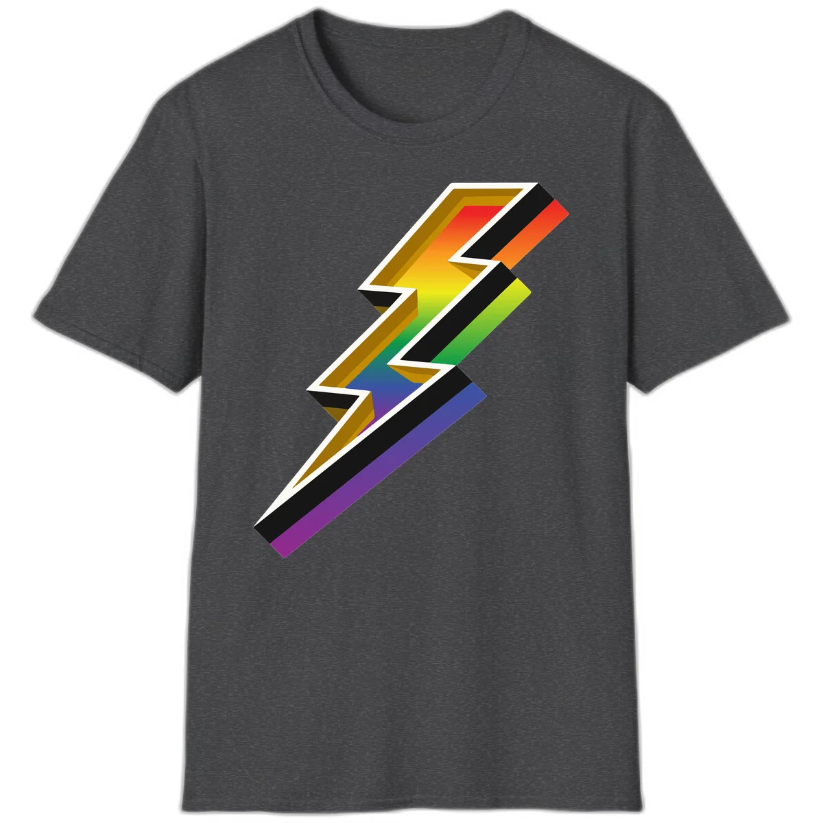 3D rainbow lightning bolt with layered depth effect featuring red, orange, yellow, green, blue, and purple gradient colors with white outlines and black shadows in Dark Heather