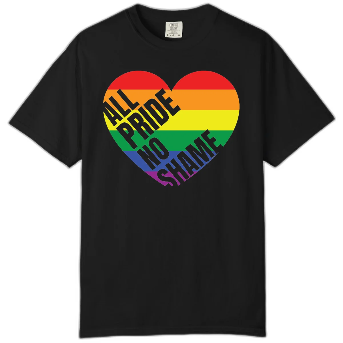 Rainbow pride heart with 'Love Is Love' text in gray, featuring red, orange, yellow, green, blue, and purple stripes symbolizing LGBTQ+ equality in Black