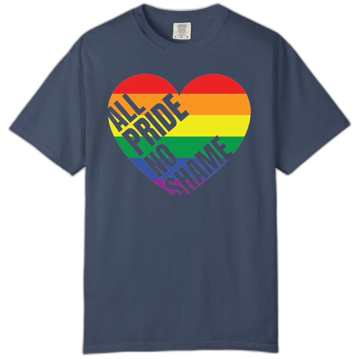 Rainbow pride heart with 'Love Is Love' text in gray, featuring red, orange, yellow, green, blue, and purple stripes symbolizing LGBTQ+ equality in Midnight