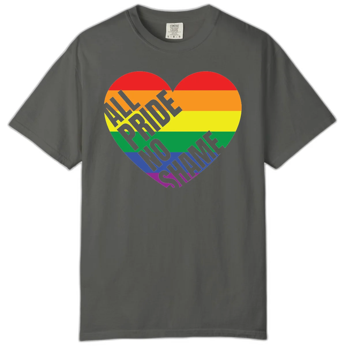 Rainbow pride heart with 'Love Is Love' text in gray, featuring red, orange, yellow, green, blue, and purple stripes symbolizing LGBTQ+ equality in Pepper