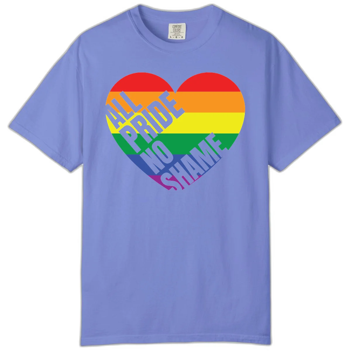 Rainbow pride heart with 'Love Is Love' text in gray, featuring red, orange, yellow, green, blue, and purple stripes symbolizing LGBTQ+ equality in Flo Blue