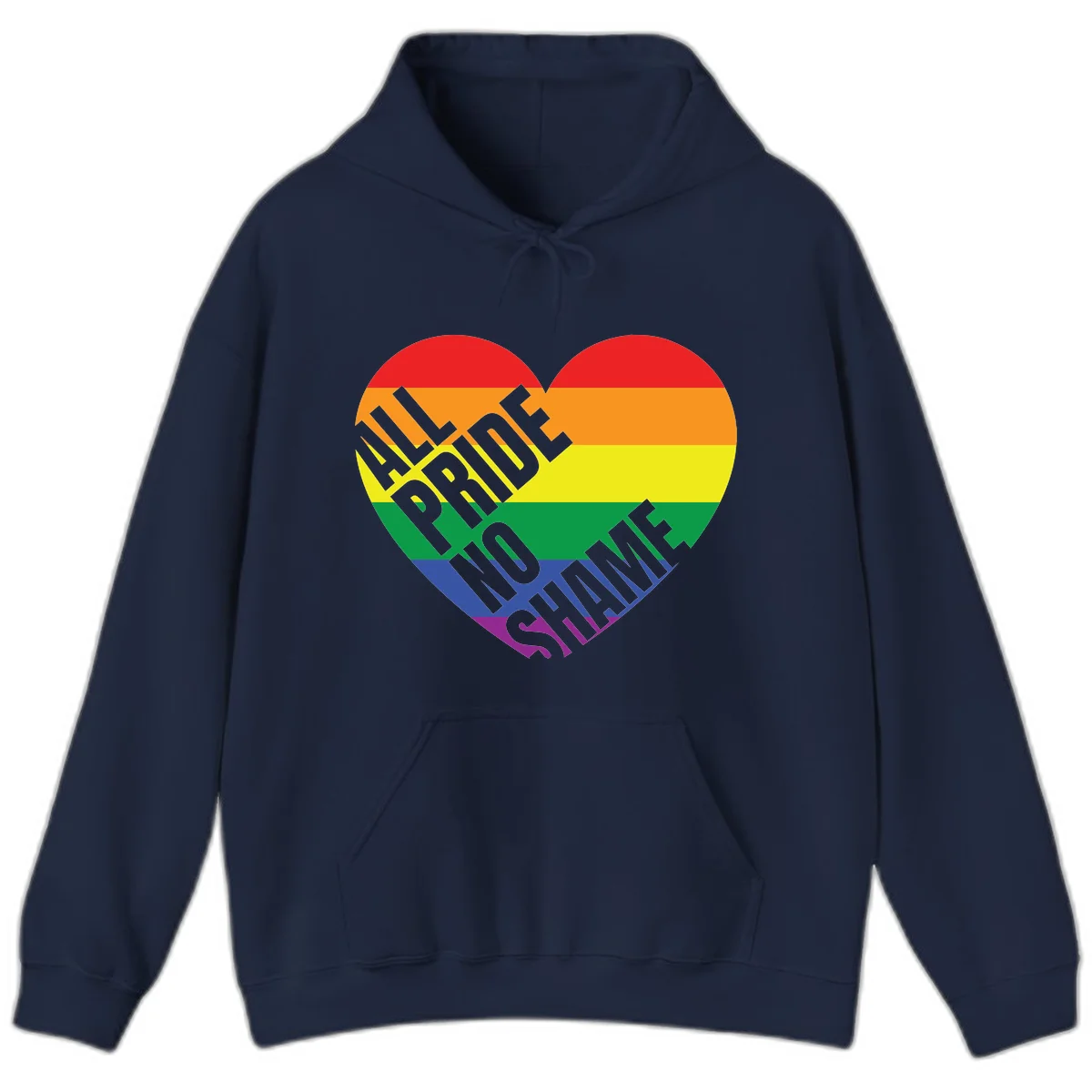 Rainbow pride heart with 'Love Is Love' text in gray, featuring red, orange, yellow, green, blue, and purple stripes symbolizing LGBTQ+ equality in Navy