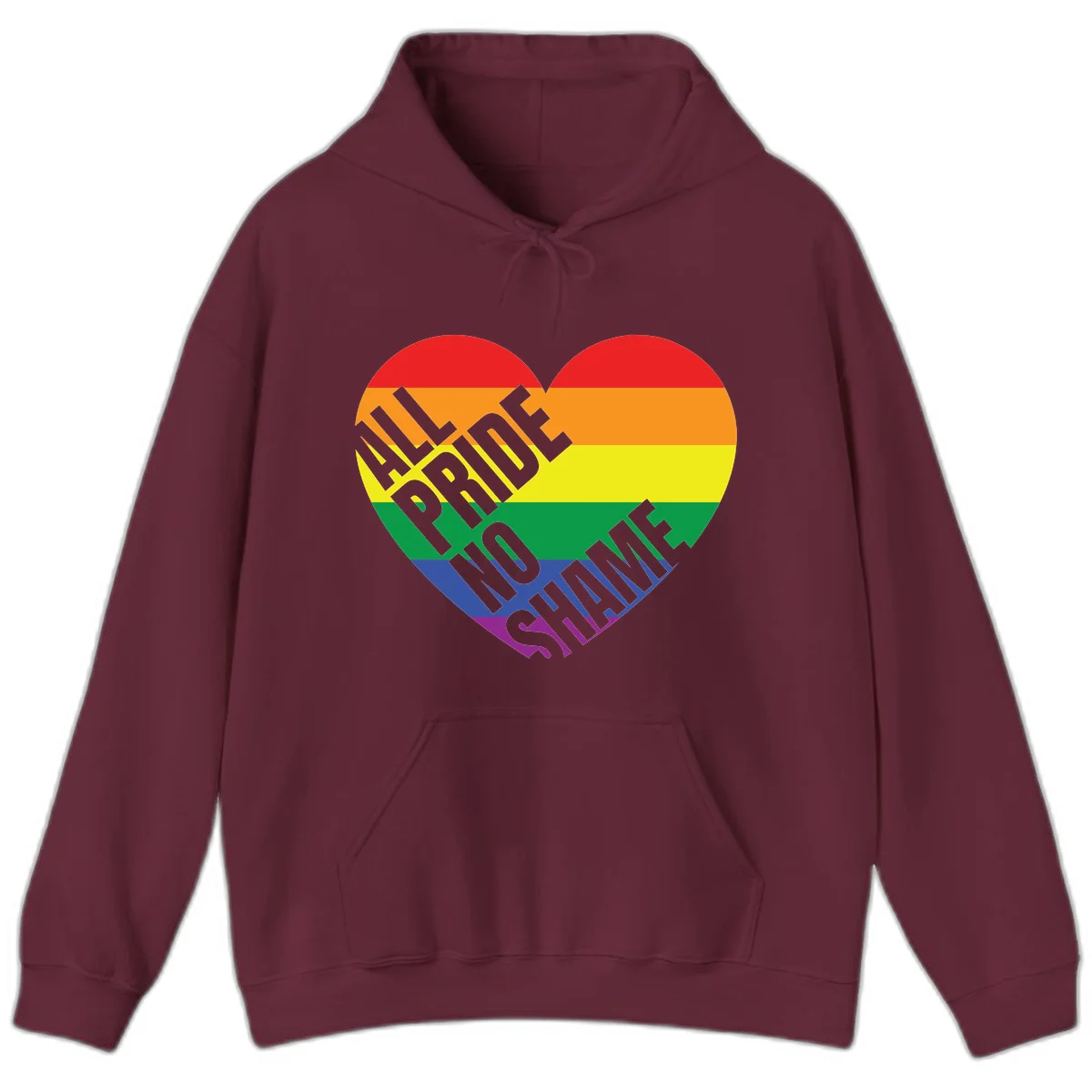 Rainbow pride heart with 'Love Is Love' text in gray, featuring red, orange, yellow, green, blue, and purple stripes symbolizing LGBTQ+ equality in Maroon