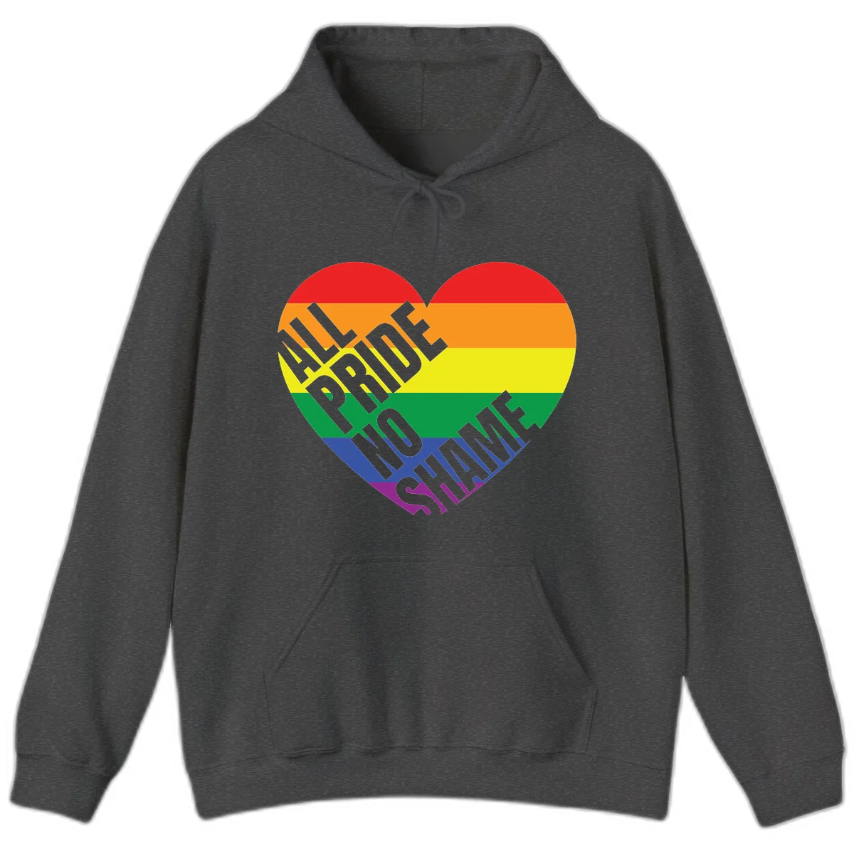 Rainbow pride heart with 'Love Is Love' text in gray, featuring red, orange, yellow, green, blue, and purple stripes symbolizing LGBTQ+ equality in Dark Heather