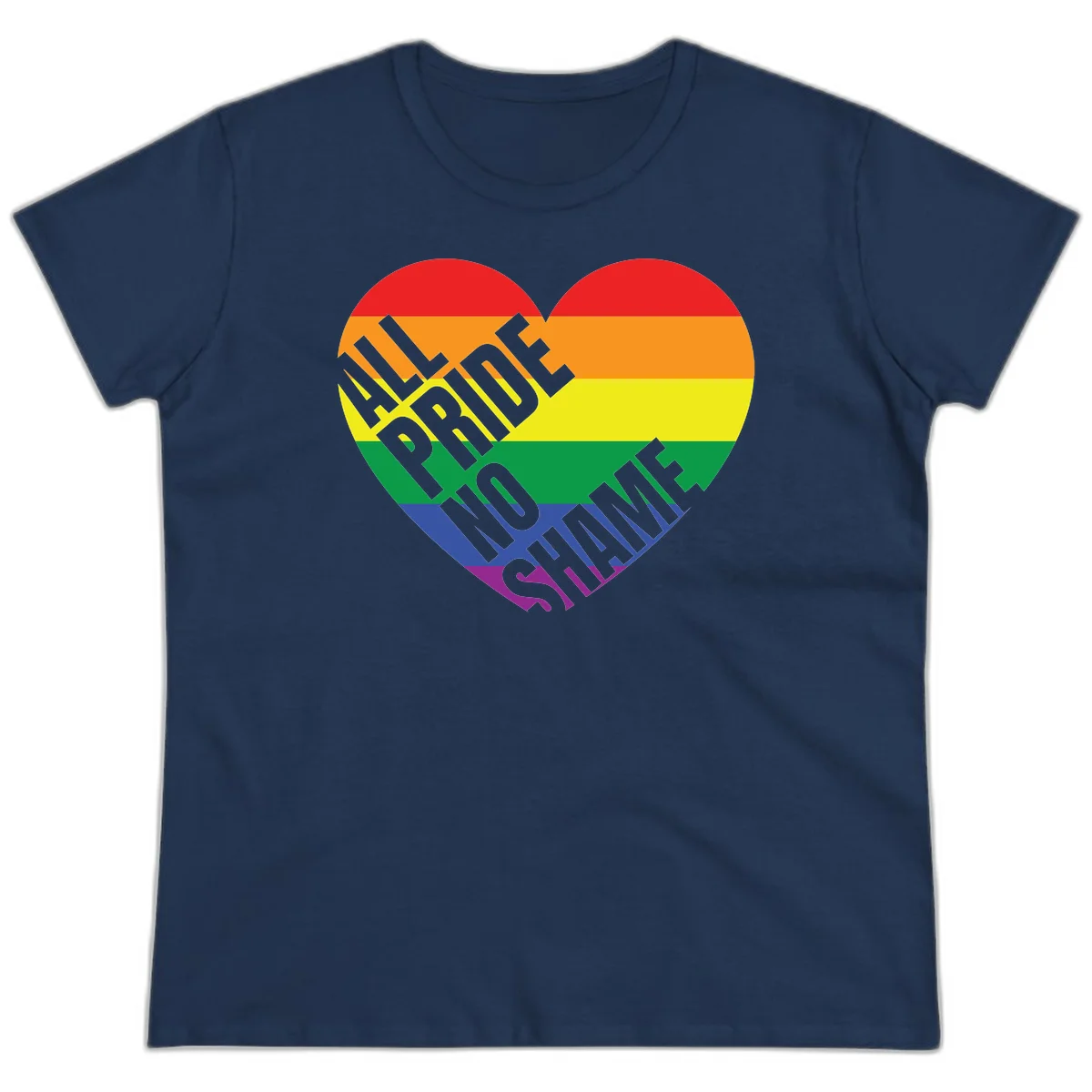 Rainbow pride heart with 'Love Is Love' text in gray, featuring red, orange, yellow, green, blue, and purple stripes symbolizing LGBTQ+ equality in Navy
