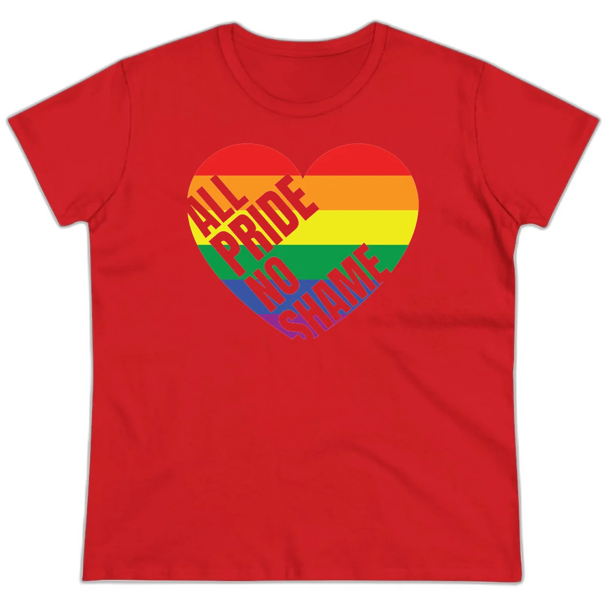 Rainbow pride heart with 'Love Is Love' text in gray, featuring red, orange, yellow, green, blue, and purple stripes symbolizing LGBTQ+ equality in Red