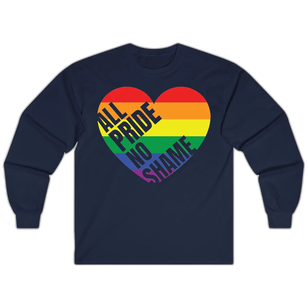 Rainbow pride heart with 'Love Is Love' text in gray, featuring red, orange, yellow, green, blue, and purple stripes symbolizing LGBTQ+ equality in Navy