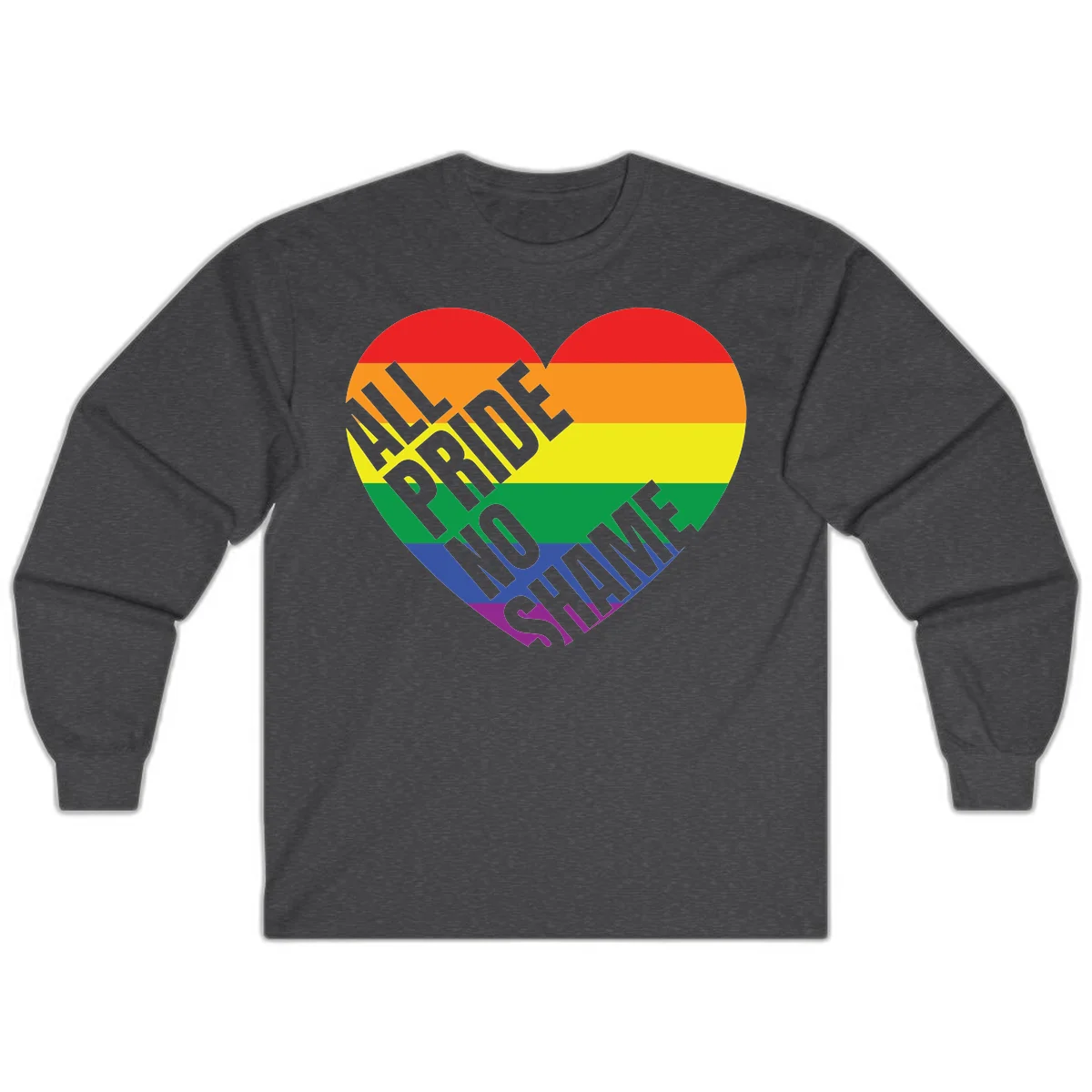 Rainbow pride heart with 'Love Is Love' text in gray, featuring red, orange, yellow, green, blue, and purple stripes symbolizing LGBTQ+ equality in Dark Heather