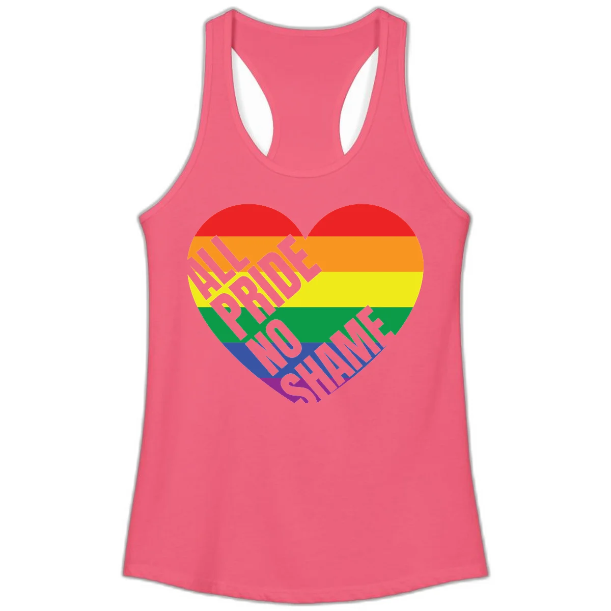 Rainbow pride heart with 'Love Is Love' text in gray, featuring red, orange, yellow, green, blue, and purple stripes symbolizing LGBTQ+ equality in Hot Pink