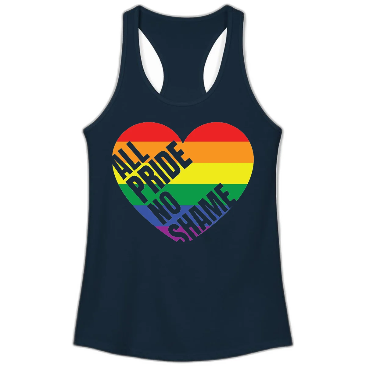 Rainbow pride heart with 'Love Is Love' text in gray, featuring red, orange, yellow, green, blue, and purple stripes symbolizing LGBTQ+ equality in Solid Midnight Navy