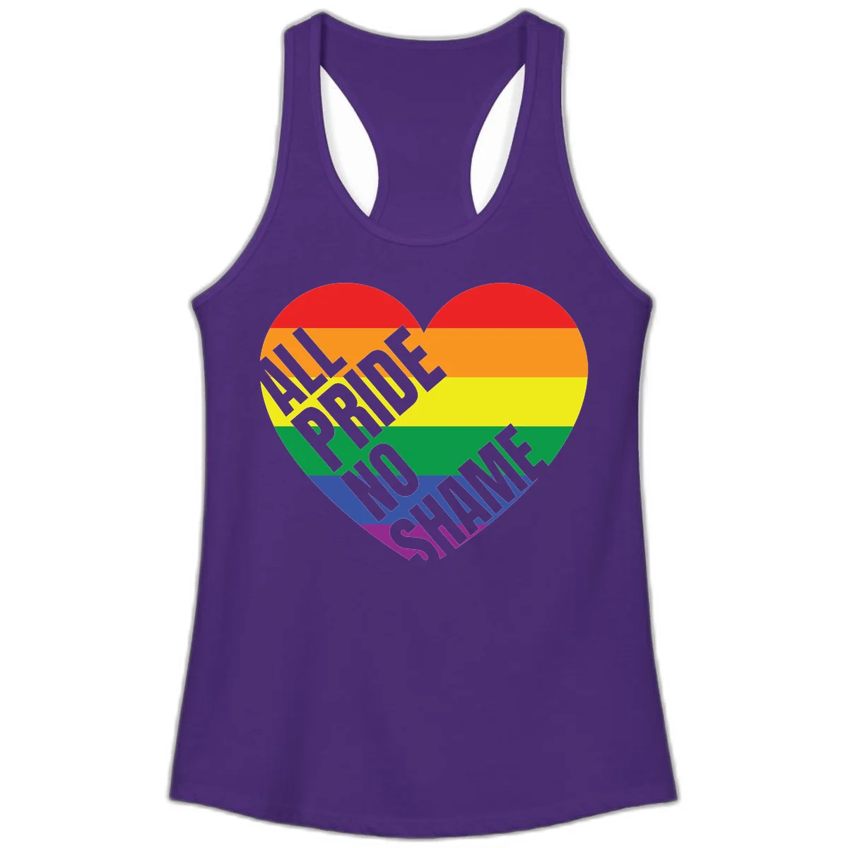 Rainbow pride heart with 'Love Is Love' text in gray, featuring red, orange, yellow, green, blue, and purple stripes symbolizing LGBTQ+ equality in Solid Purple Rush