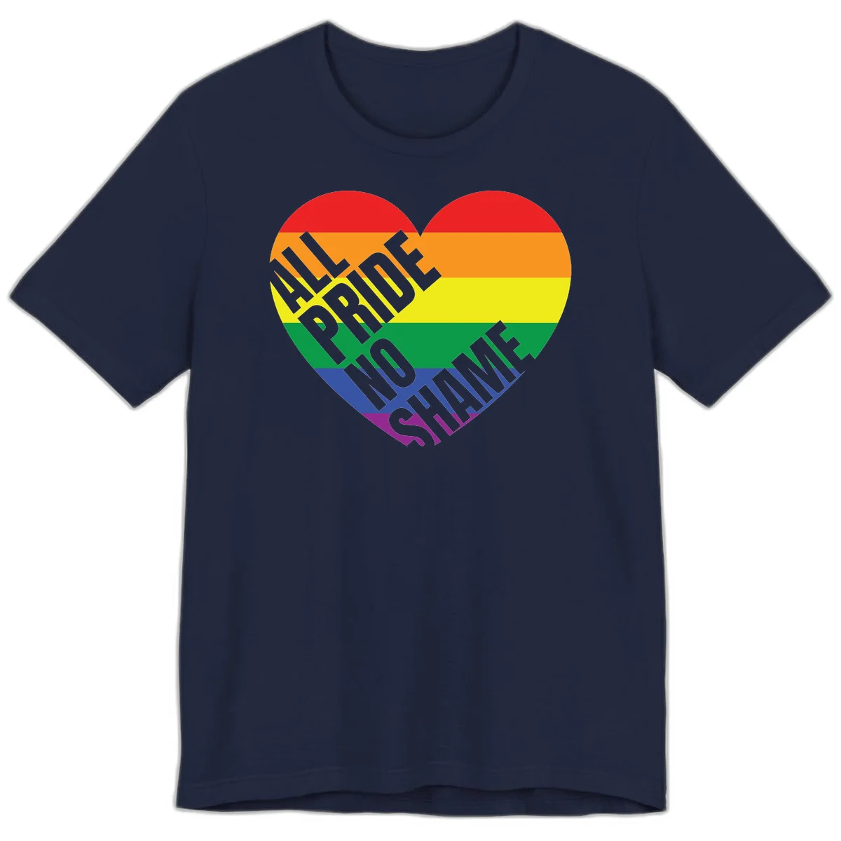 Rainbow pride heart with 'Love Is Love' text in gray, featuring red, orange, yellow, green, blue, and purple stripes symbolizing LGBTQ+ equality in Navy