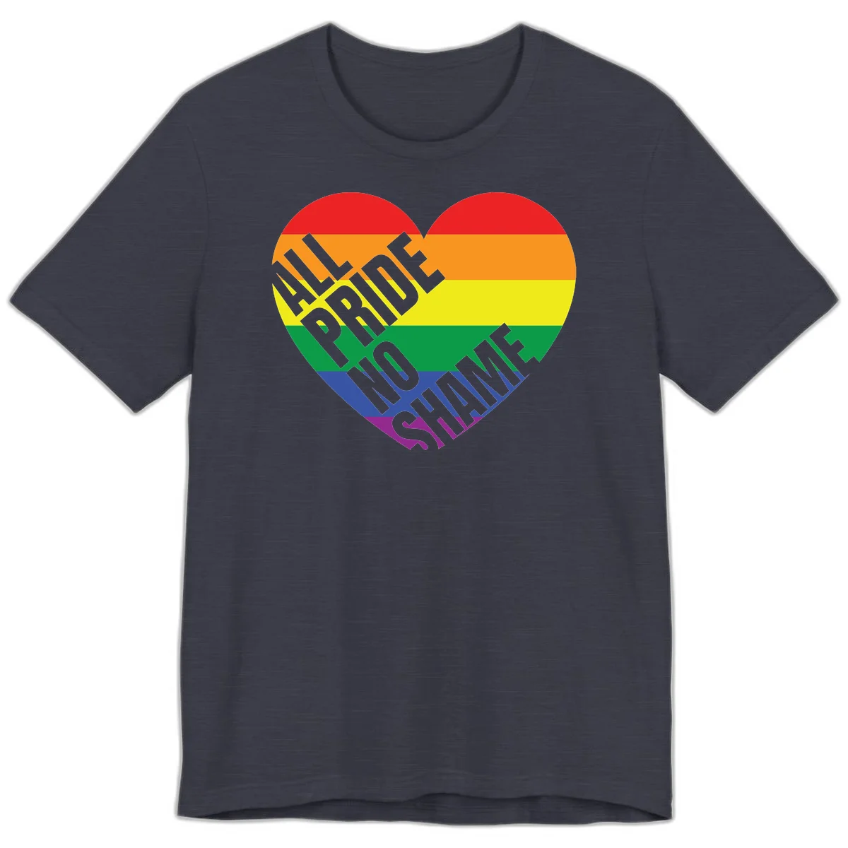 Rainbow pride heart with 'Love Is Love' text in gray, featuring red, orange, yellow, green, blue, and purple stripes symbolizing LGBTQ+ equality in Heather Midnight Navy