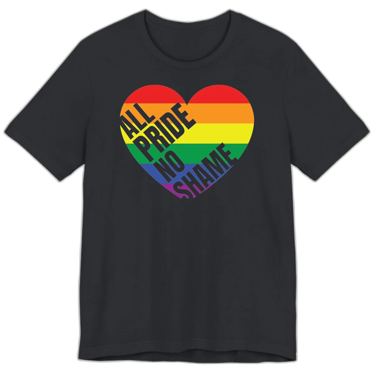 Rainbow pride heart with 'Love Is Love' text in gray, featuring red, orange, yellow, green, blue, and purple stripes symbolizing LGBTQ+ equality in Vintage Black