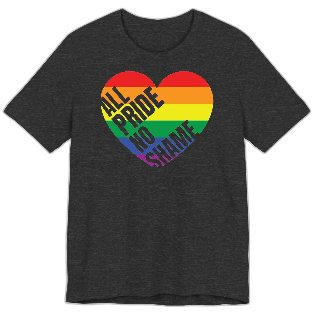 Rainbow pride heart with 'Love Is Love' text in gray, featuring red, orange, yellow, green, blue, and purple stripes symbolizing LGBTQ+ equality in Dark Grey Heather