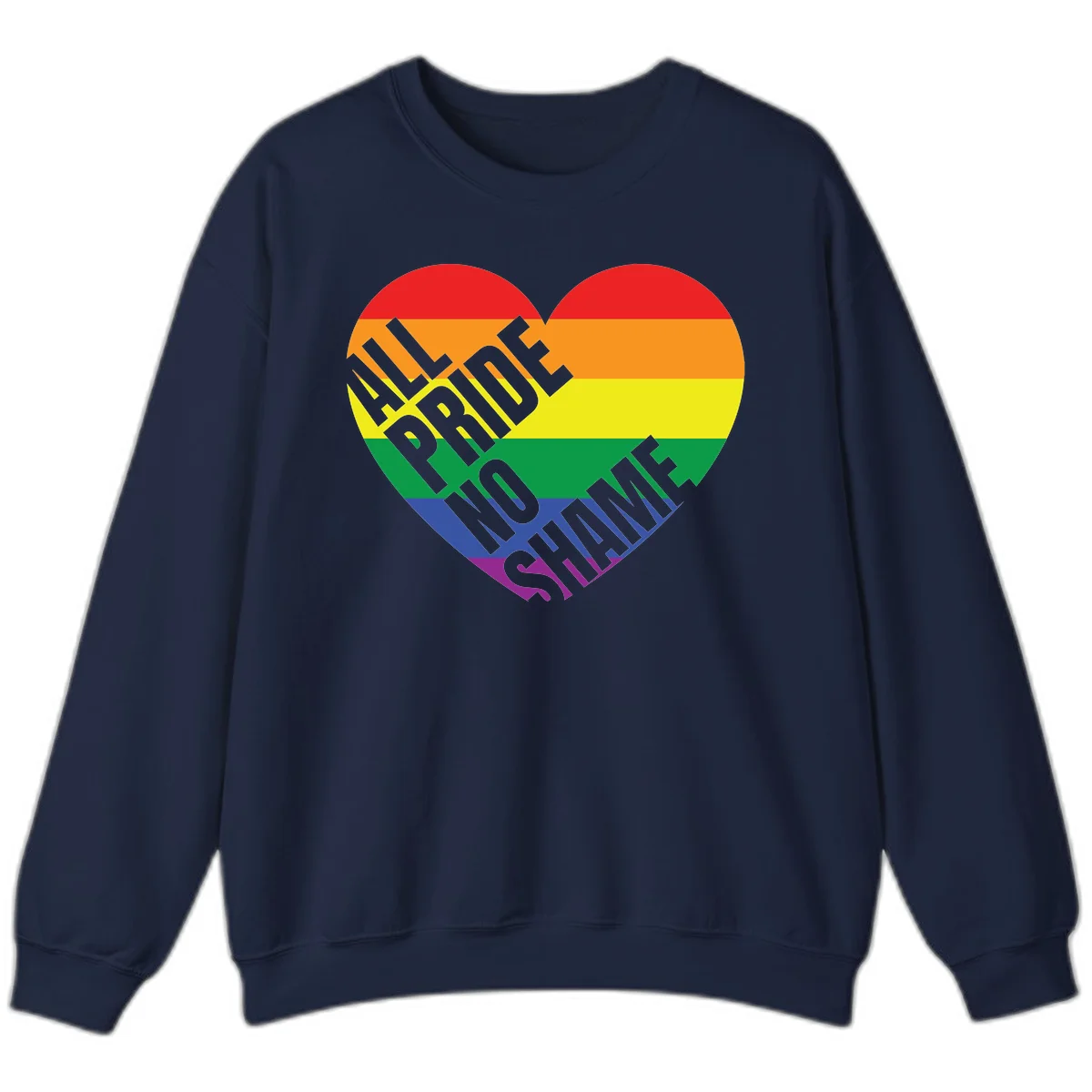 Rainbow pride heart with 'Love Is Love' text in gray, featuring red, orange, yellow, green, blue, and purple stripes symbolizing LGBTQ+ equality in Navy