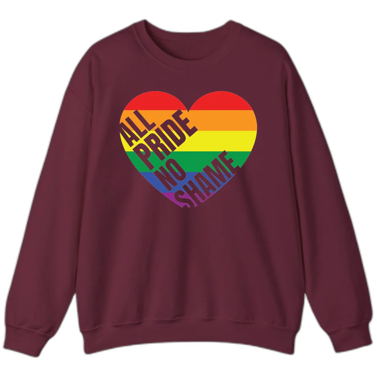 Rainbow pride heart with 'Love Is Love' text in gray, featuring red, orange, yellow, green, blue, and purple stripes symbolizing LGBTQ+ equality in Maroon