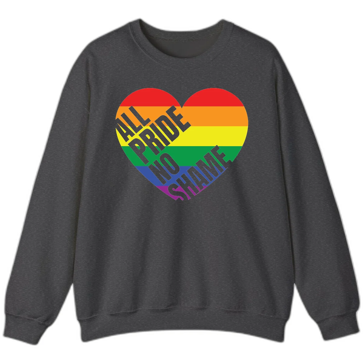 Rainbow pride heart with 'Love Is Love' text in gray, featuring red, orange, yellow, green, blue, and purple stripes symbolizing LGBTQ+ equality in Dark Heather