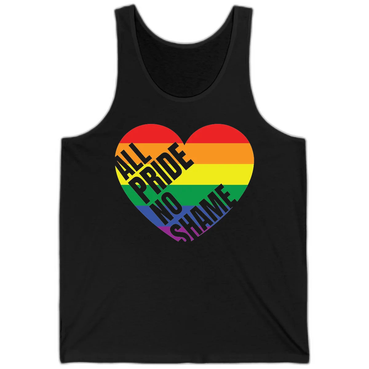 Rainbow pride heart with 'Love Is Love' text in gray, featuring red, orange, yellow, green, blue, and purple stripes symbolizing LGBTQ+ equality in Black