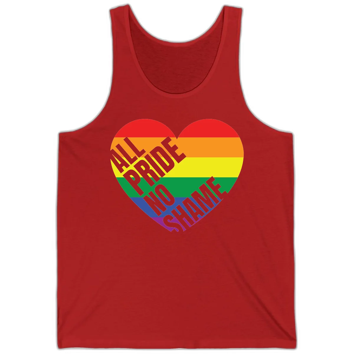 Rainbow pride heart with 'Love Is Love' text in gray, featuring red, orange, yellow, green, blue, and purple stripes symbolizing LGBTQ+ equality in Red