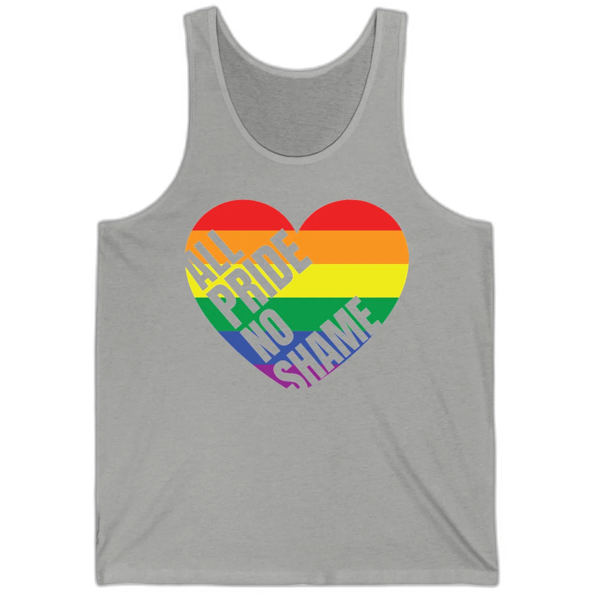 Rainbow pride heart with 'Love Is Love' text in gray, featuring red, orange, yellow, green, blue, and purple stripes symbolizing LGBTQ+ equality in Athletic Heather