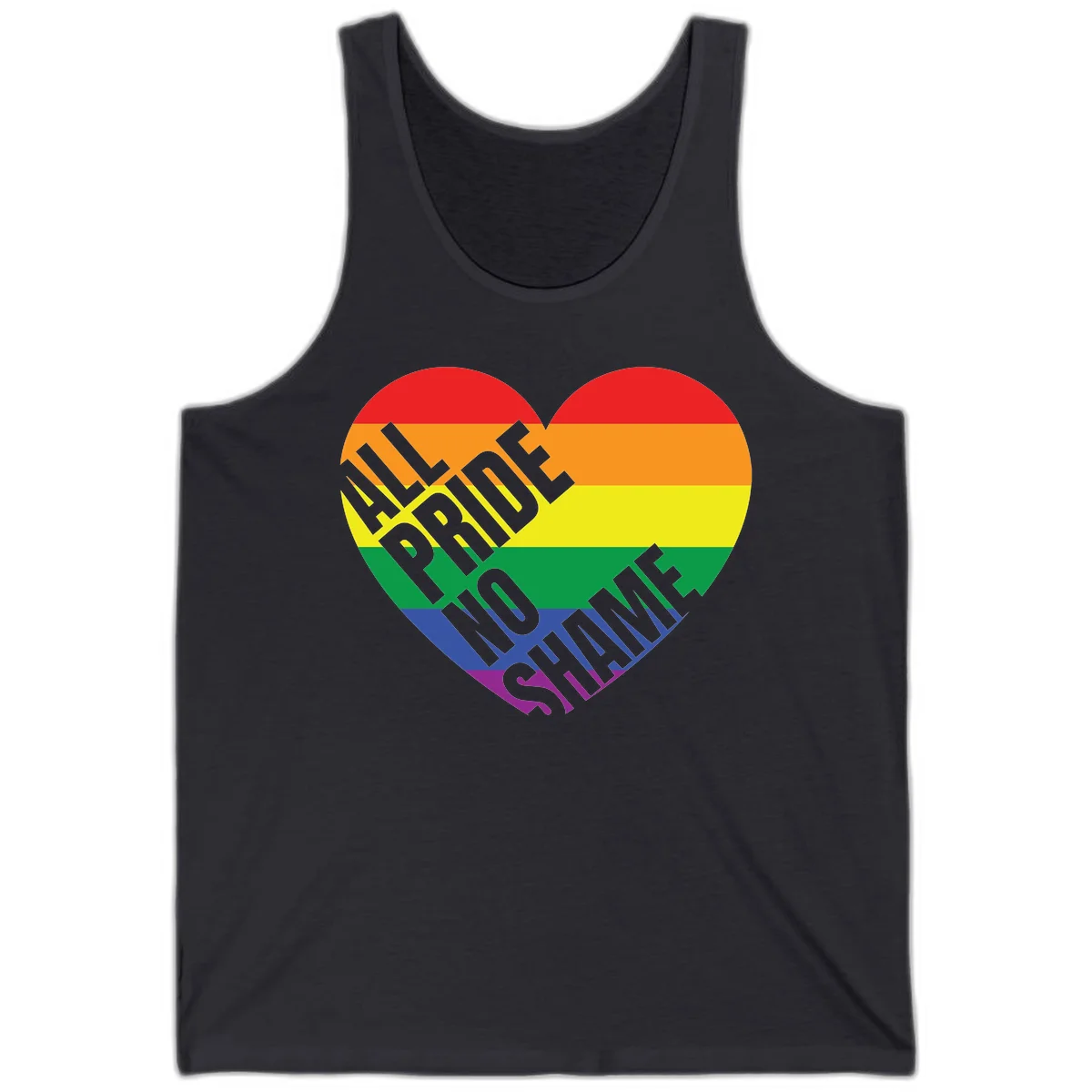 Rainbow pride heart with 'Love Is Love' text in gray, featuring red, orange, yellow, green, blue, and purple stripes symbolizing LGBTQ+ equality in Dark Grey