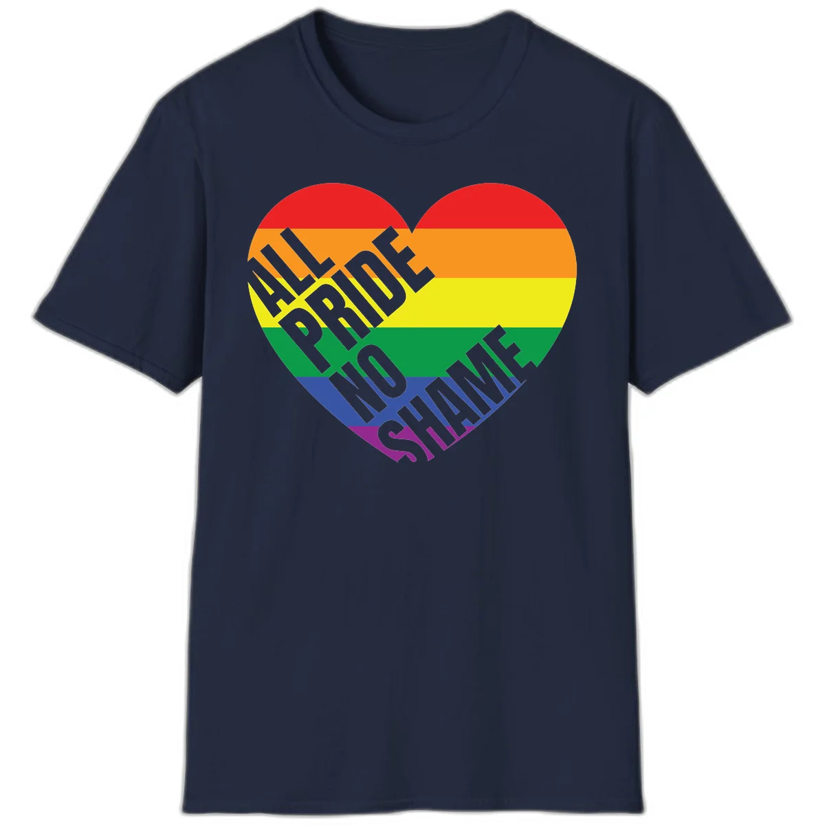 Rainbow pride heart with 'Love Is Love' text in gray, featuring red, orange, yellow, green, blue, and purple stripes symbolizing LGBTQ+ equality in Navy