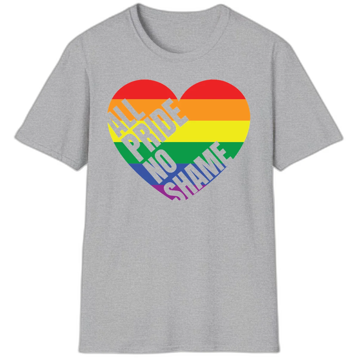 Rainbow pride heart with 'Love Is Love' text in gray, featuring red, orange, yellow, green, blue, and purple stripes symbolizing LGBTQ+ equality in Sport Grey