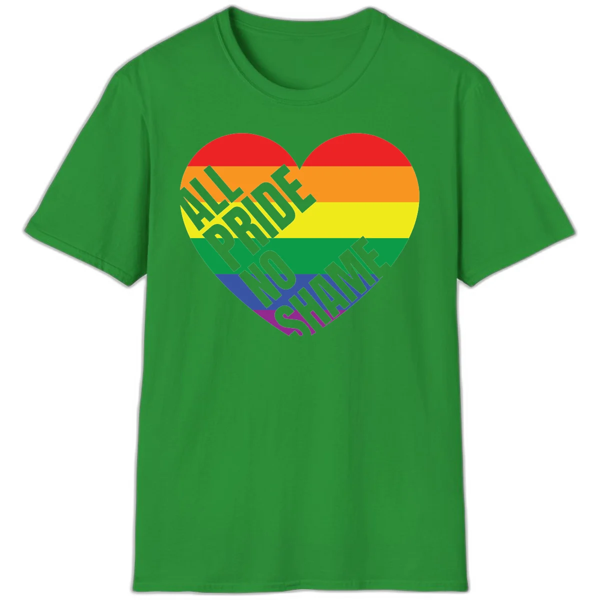 Rainbow pride heart with 'Love Is Love' text in gray, featuring red, orange, yellow, green, blue, and purple stripes symbolizing LGBTQ+ equality in Irish Green