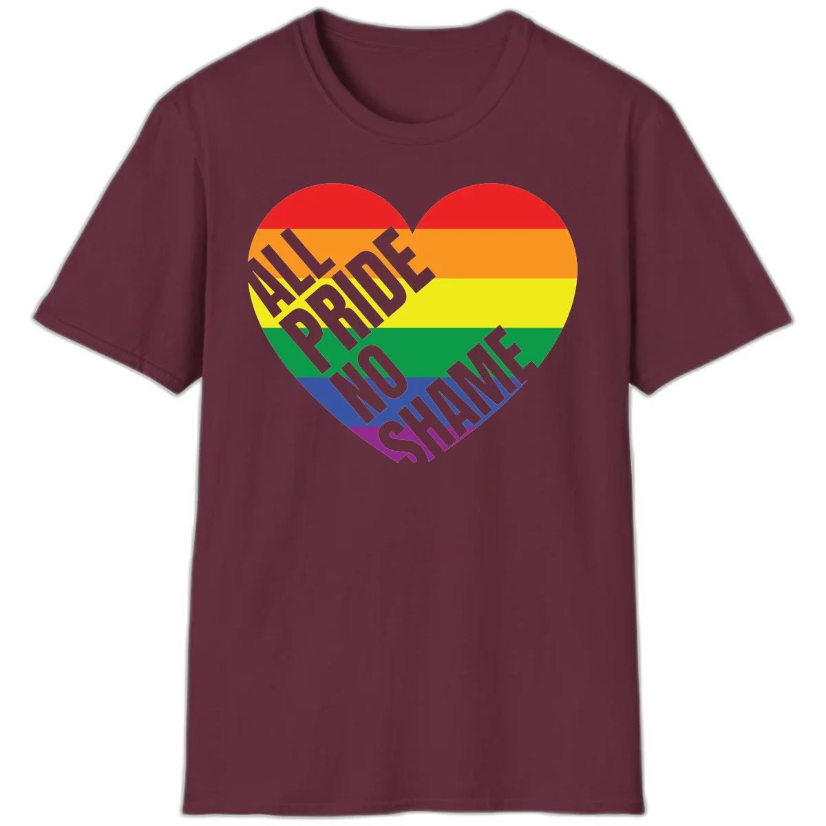 Rainbow pride heart with 'Love Is Love' text in gray, featuring red, orange, yellow, green, blue, and purple stripes symbolizing LGBTQ+ equality in Maroon