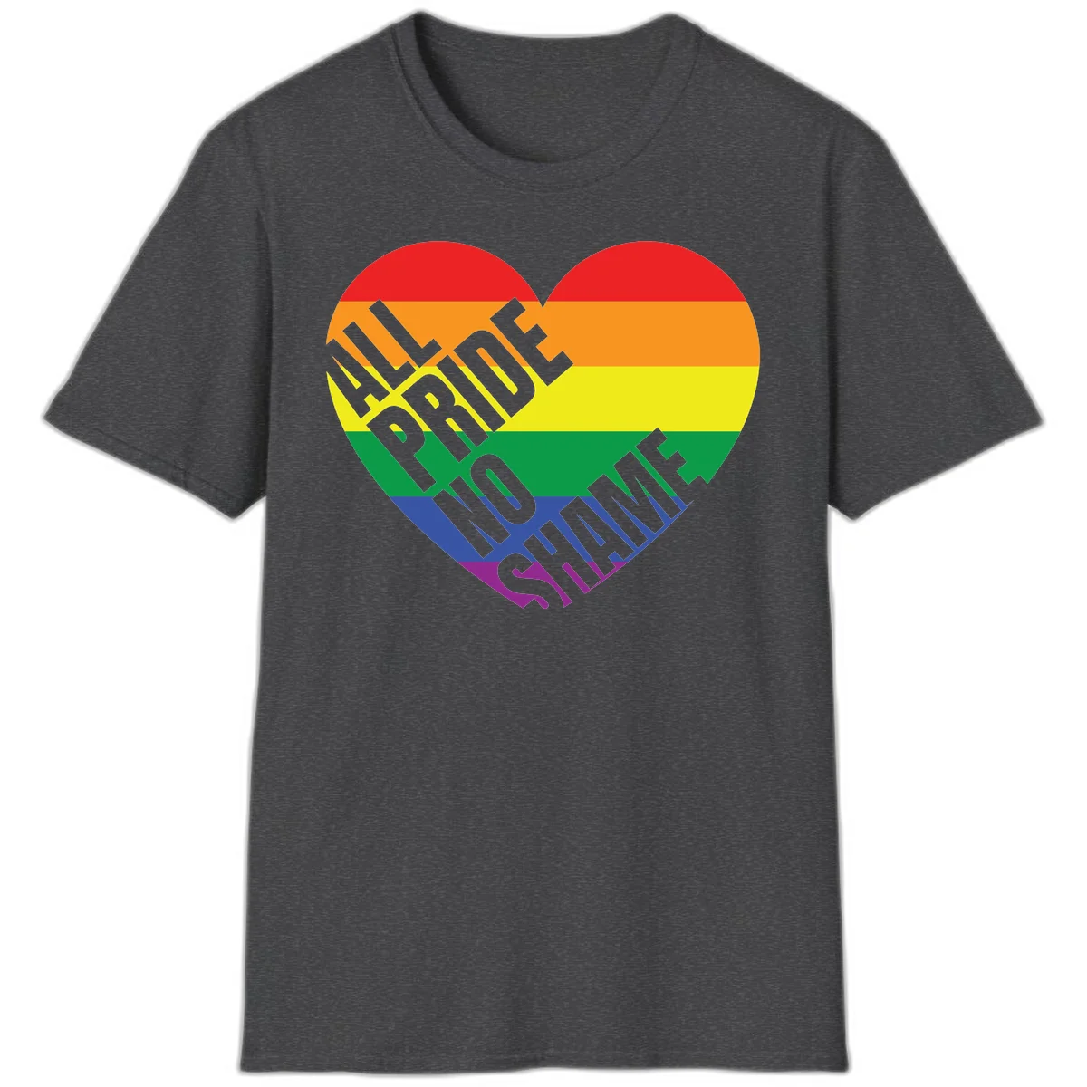Rainbow pride heart with 'Love Is Love' text in gray, featuring red, orange, yellow, green, blue, and purple stripes symbolizing LGBTQ+ equality in Dark Heather