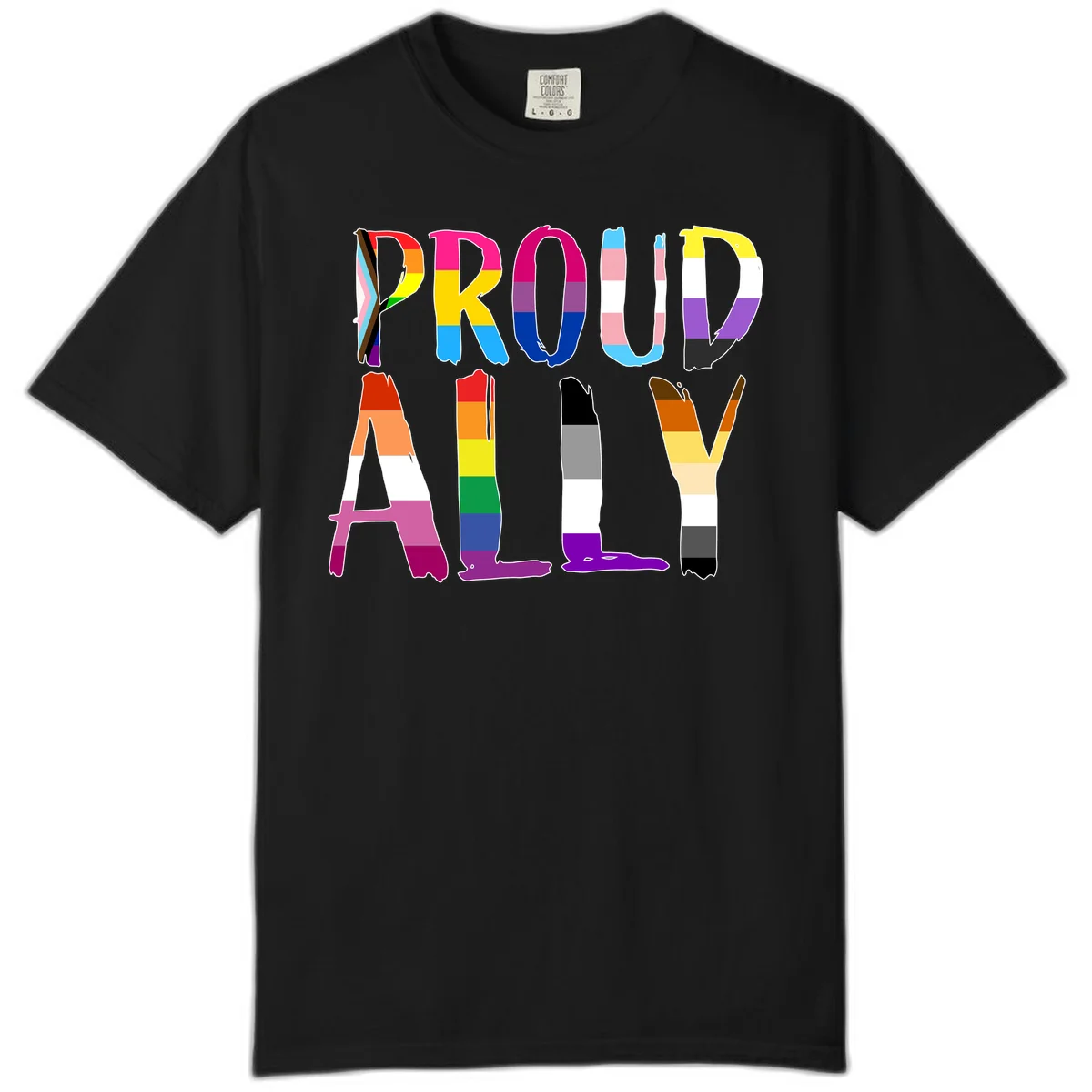 Colorful block letters spelling PROUD filled with rainbow pride flag stripes and patterns including trans and progress pride designs in Black