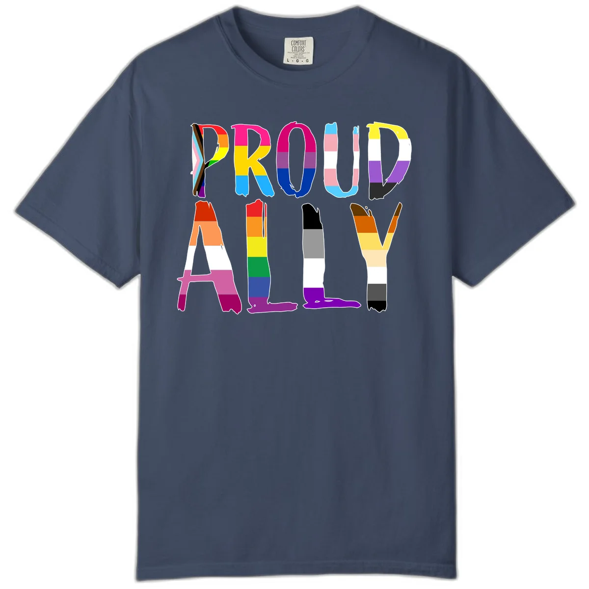 Colorful block letters spelling PROUD filled with rainbow pride flag stripes and patterns including trans and progress pride designs in Midnight