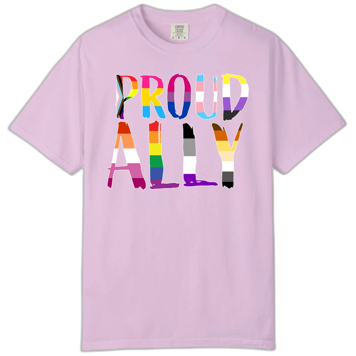 Colorful block letters spelling PROUD filled with rainbow pride flag stripes and patterns including trans and progress pride designs in Orchid