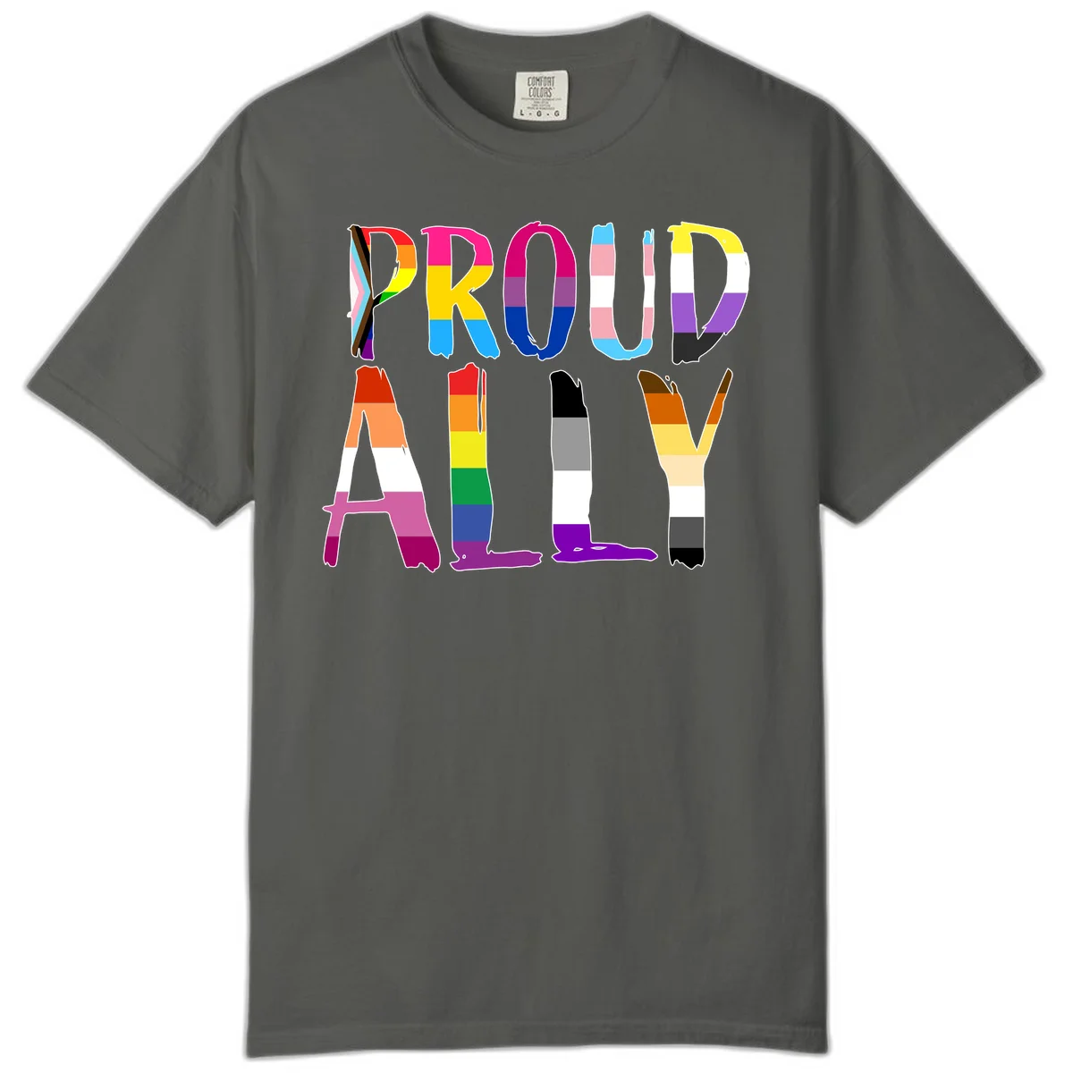 Colorful block letters spelling PROUD filled with rainbow pride flag stripes and patterns including trans and progress pride designs in Pepper
