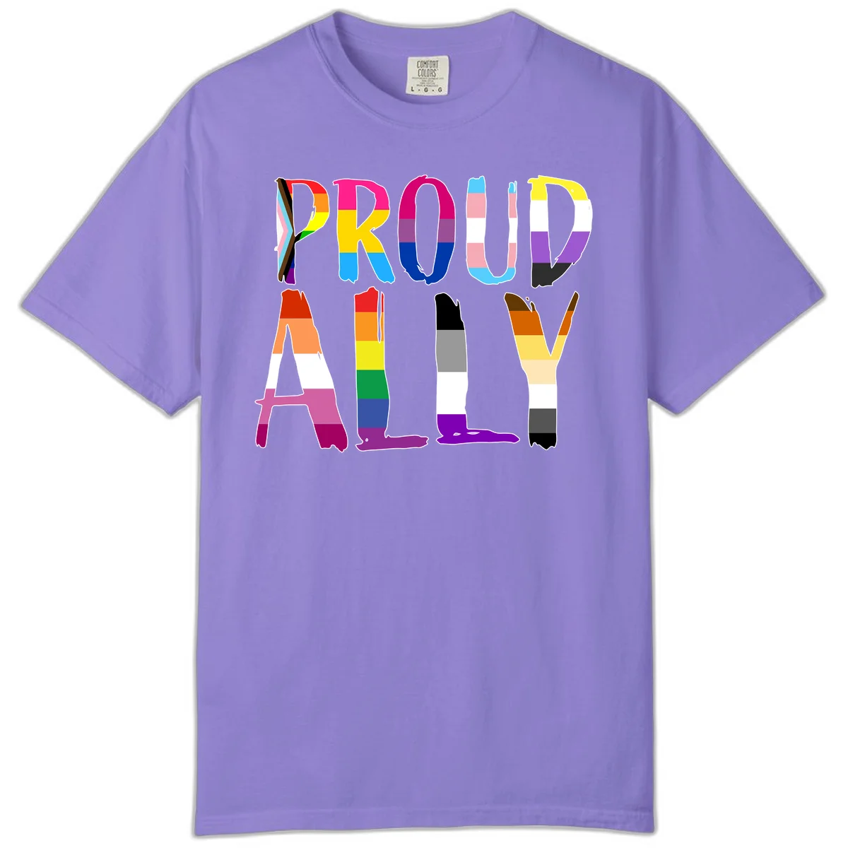 Colorful block letters spelling PROUD filled with rainbow pride flag stripes and patterns including trans and progress pride designs in Violet