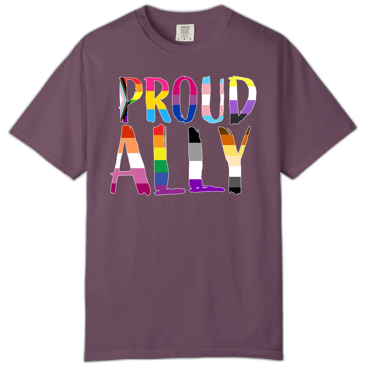 Colorful block letters spelling PROUD filled with rainbow pride flag stripes and patterns including trans and progress pride designs in Berry