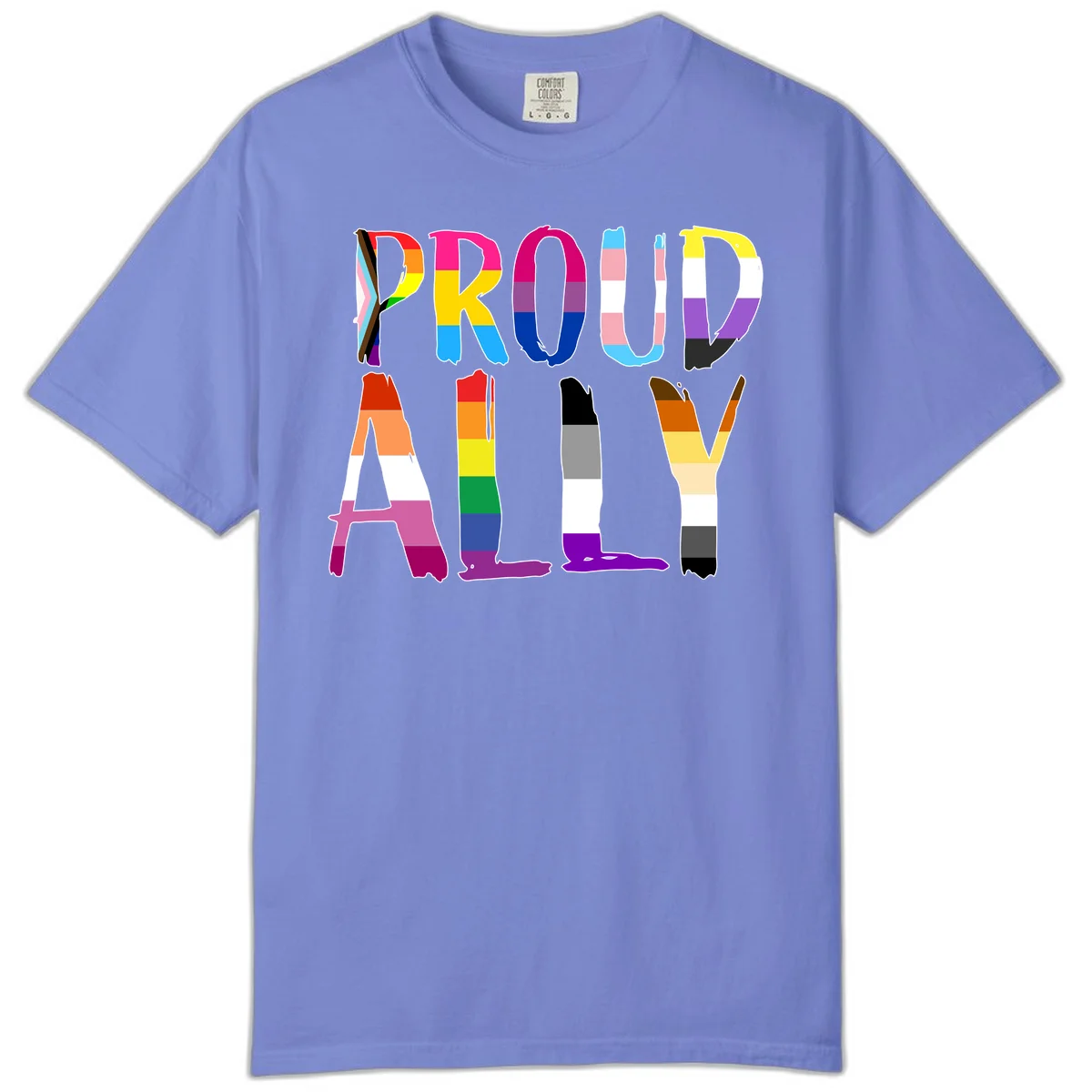 Colorful block letters spelling PROUD filled with rainbow pride flag stripes and patterns including trans and progress pride designs in Flo Blue