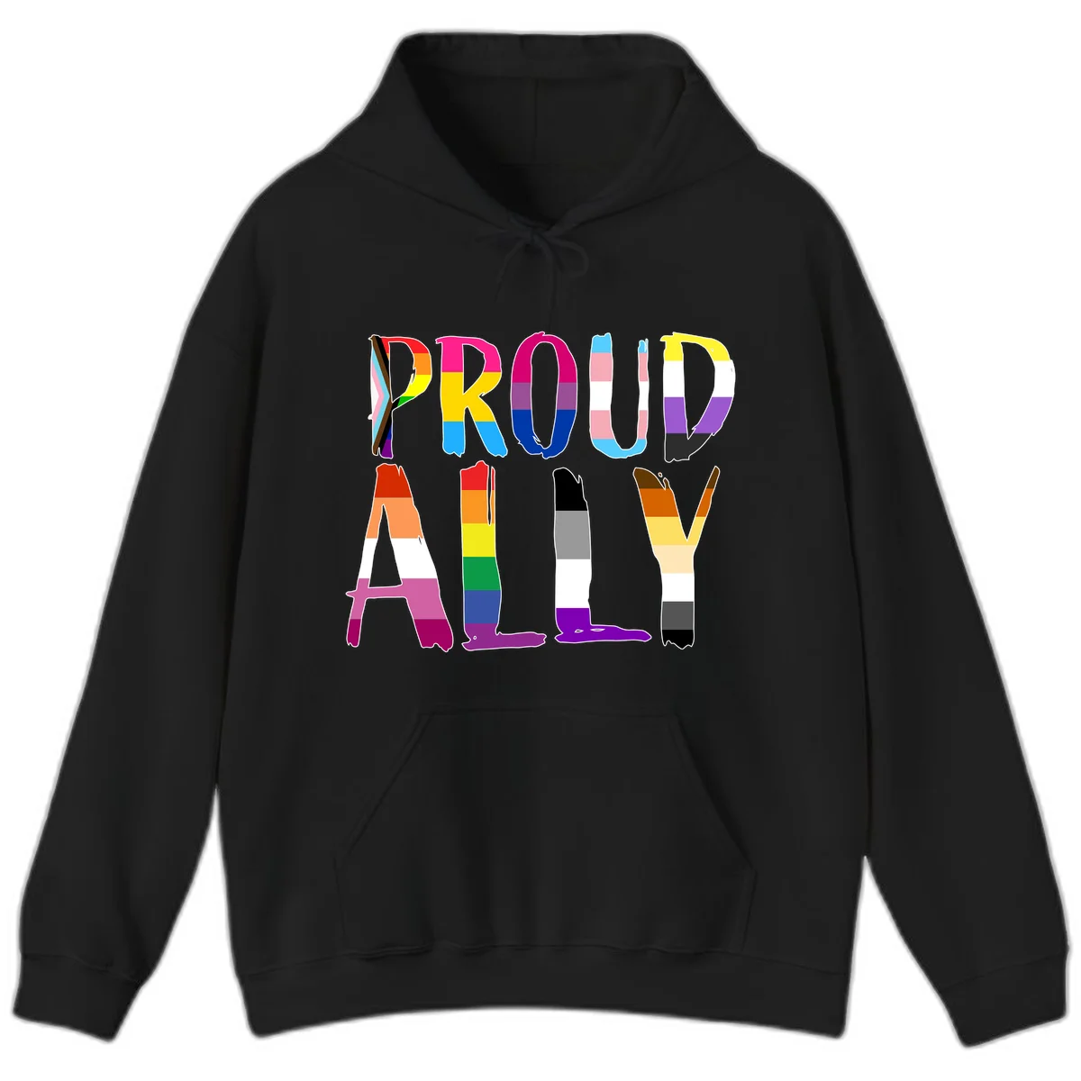 Colorful block letters spelling PROUD filled with rainbow pride flag stripes and patterns including trans and progress pride designs in Black