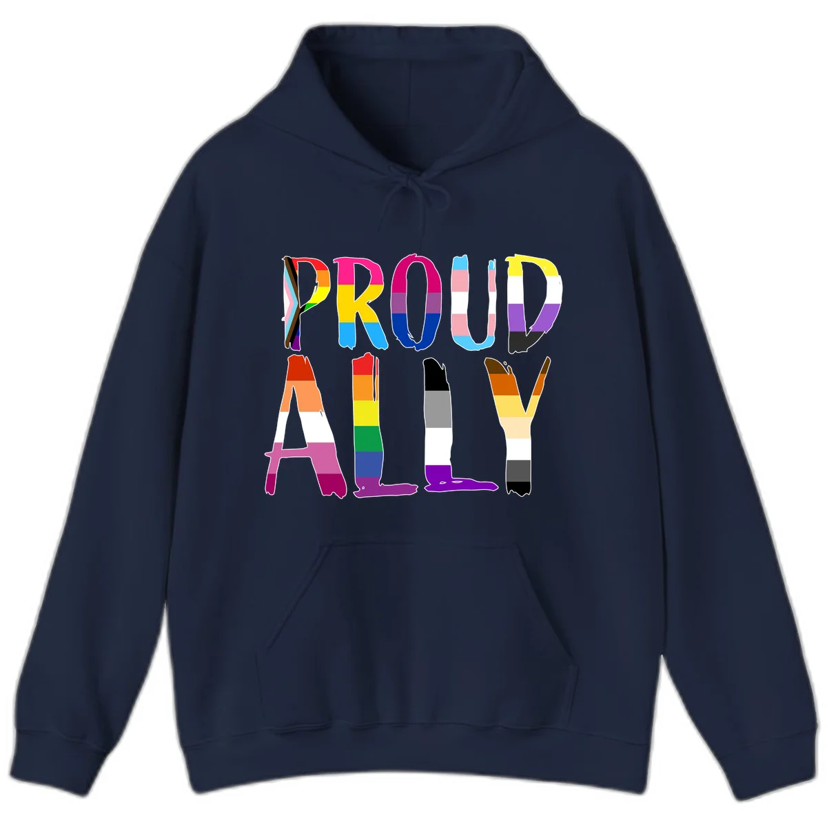 Colorful block letters spelling PROUD filled with rainbow pride flag stripes and patterns including trans and progress pride designs in Navy